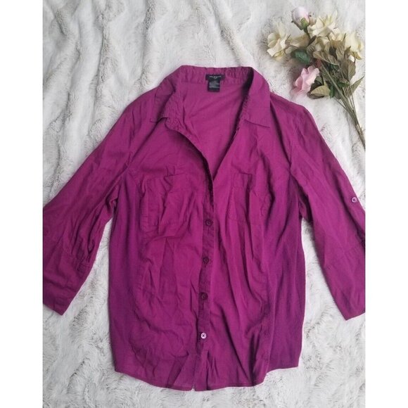 ✨️CL Ann Taylor Purple Lightweight Button Collar Ribbed Sides Blouse Size 14 - Picture 1 of 9